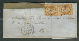 FRANCE 1854 N° 9 Paire (def.) Obl.S/Lettre PC 2407 Perpignan Pour Vincennes - 1852 Louis-Napoléon