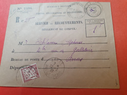 Taxe 1fr Sur Enveloppe Du Service Des Recouvrements De Beaumetz Les Loges Pour Arras En 1937 - Réf 3303 - 1859-1959 Covers & Documents