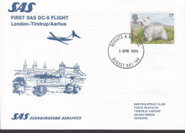Great Britain First SAS DC-9 Flight LONDON-TIRSTRUP/AARHUS 1979 Cover Brief Lettre RØNDE (Arr.) Dog Huind Chien Terrier - Covers & Documents