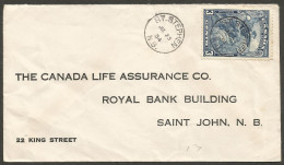 1934 Canada Life Reply Cover 3c Jacques Cartier #208 CDS St Stehpen NB New Brunswick - Postal History