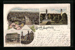 Lithographie Augsburg, Ortsansicht Von St. Ulrich, Friedensdenkmal, Börse Und Herkulesbrunnen  - Augsburg