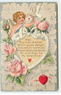 Carte Gaufrée - My Valentine - May This Bow Of White ... - Ange Près D'un Coeur, Avec Des Roses Et Une Colombe - Valentijnsdag