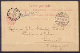 Suisse - EP CP 10c Càpt "AMBULANT /13.XI.1892/ N°15" Pour Château D'Oirbeek - Càd Arrivée TIRLEMONT /14 SEPT 1892 - Autres & Non Classés