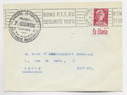 FRANCE MULLER 15FR PUB LA SLAVIA LETTRE COVER MEC RBV BONS P.T.T. VANNES RP MORBIHAN 24.6.1957 - 1955-1961 Maríanne De Muller