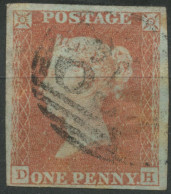 GB QV 1d Redbrown, Unplated (DH) 4 Margins (lightly Creased At Right), VFU W Numeral „65?“ - Used Stamps