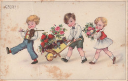 20 - CARTE JOYEUX NOEL . ILL. HANNES PETERSEN . ENFANTS AVEC FLEURS BROUETTE ET VIOLON   . SCAN - Petersen, Hannes