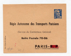 !!! ENTIER 15F MARIANNE DE GANDON TIMBRE SUR COMMANDE REGIE AUTONOME DES TRANSPORTS PARISIENS REF N2F - Enveloppes Types Et TSC (avant 1995)