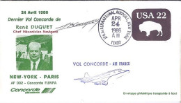 USA-AERO N° ENTIER DE NY/24.4.86  THEME: DERNIER VOL DE M. DUGUET S/CONCORDE - 3c. 1961-... Storia Postale