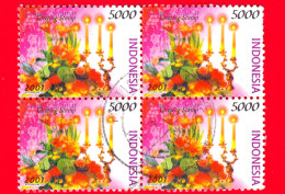 INDONESIA - Usato - 2001 - Francobolli Di Auguri - Fiori - Greetings Stamp, Flowers - 5000 - Quartina - Indonésie