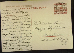 Polen: Ganzsachen-Postkarte Mit POCZTA POLSKA 15 Gr Aus KATOWICE Vom 28.1.1938 - Cartas & Documentos