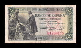 España Spain 5 Pesetas Capitulaciones 1945 Pick 129a Serie B Mbc Vf - 5 Pesetas