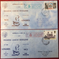 France, Premier Vol (Airbus A300) NICE / LONDRES 1.7.1975 - 2 Enveloppes - (A1498) - First Flight Covers