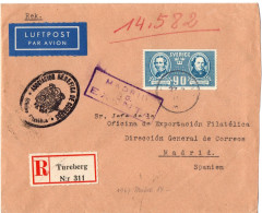 SUEDE YT N°293 SEUL SUR LETTRE RECOMMANDEE EN POSTE AERIENNE OBLITERE TURBERG POUR L'ESPAGNE GRIFFE EXEMPT DE CENSURE - Covers & Documents