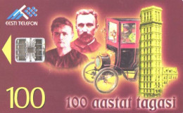 Estonia:Used Phonecard, Eesti Telefon, 100 EEK, 100 Years Ago, Marie And Pierre Curie, Car, 1998 - Estonia