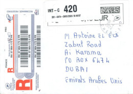 FRANCE - 2024 - REGISTERED POSTAL LABEL COVER TO DUBAI. - Covers & Documents