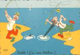 CPSM GF- DUBOUT - La Pêche à La Ligne Au Bord De La Mer -" Adèle, J'ai Une Barbue !!"   N°  34A **  2 Scans - Dubout