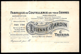 Carte De Visite Commerciale (de Représentant) 63 THIERS - Etienne BARDIN - Fabrique De Coutellerie En Tous Genres - Visiting Cards