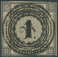 BADEN 1a O, 1851, 1 Kr. Schwarz Auf Sämisch, Zentrischer Nummernstempel 27, Untere Linke Ecke Etwas Hell Sonst Vollrandi - Gebraucht