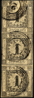 BADEN 1b O, 1851, 1 Kr. Schwarz Auf Braun, Nummernstempel 24, Im Senkrechten Fast Allseits Vollrandigen Dreierstreifen,  - Afgestempeld