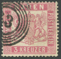 BADEN 16 O, 1862, 3 Kr. Rosakarmin, Pracht, Gepr. Bühler, Mi. 350.- - Usados