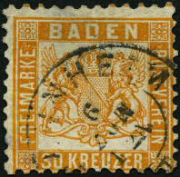 BADEN 22a O, 1862, 30 Kr. Lebhaftgelborange, Große Falzhelle Stelle, Feinst, Signiert H. Krause, Mi. 3200.- - Gebraucht