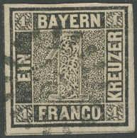 BAYERN 1Ia O, 1849, 1 Kr. Schwarz, Platte 1, Mühlradstempel 127, Minimale Knitterspuren Sonst Vollrandig, Pracht, Mehrfa - Used