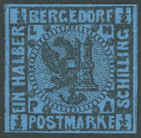 BERGEDORF 1b , 1867, 1/2 S. Schwarz Auf Blau, Falzrest, Pracht, Signiert, Mi. 160.- - Bergedorf