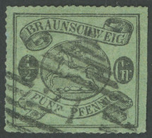 BRAUNSCHWEIG 10B O, 1864, 1/2 Gr. Schwarz Auf Lebhaftgraugrün, Bogenförmig Durchstochen 16, Nummernstempel 21 (Helmstedt - Brunswick