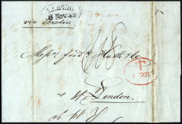 HAMBURG 1842, T 8 NOV, Rote Sonderform Auf Brief Von Leipzig (Sonderform) Via Berlin Nach London, Rückseitiger Durchgang - Vorphilatelie