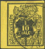 HANNOVER 5 O, 1851, 1/10 Th. Schwarz Auf Gelb, Linkes Randstück, Schwarzer K1 GÖTTIGNEN, Pracht, Mi. 130.- - Hannover