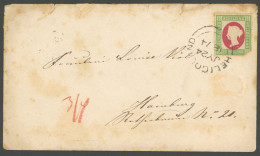 HELGOLAND 10 BRIEF, 1874, 11/2 S. Hellgrün/karmin (rechte Untere Ecke Fehlt) Auf Brief Nach Hamburg, Rückseitiger Hufeis - Héligoland