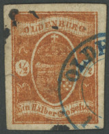 OLDENBURG 11a O, 1861, 1/2 Gr. Hellrotbraun, Allseits Riesenrandig, Kleiner Einriss Und Tintenflecke, Gepr. Brettl, Mi.  - Oldenburg