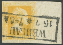 PREUSSEN 8ax O, 1857, 3 Sgr. Gelborange, Dünnes Papier, Mit Breitem Rechten Rand, Reihenzähler 3, R2 WEHLAU, Minimale Kn - Sonstige & Ohne Zuordnung