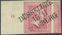 PREUSSEN 10a O, 1858, 1 Sgr. Rosa, überrandig Mit Linkem Bogenrand Und Reihenzähler 13, L3 DÜSSELDORF/WARBURG, Luxusstüc - Sonstige & Ohne Zuordnung