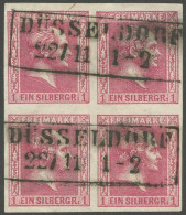 PREUSSEN 10b VB O, 1858, 1 Sgr. Karminrosa Im Viererblock Mit R2 DÜSSELDORF, Rechts Senkrechte Kaum Sichtbare Bugspur So - Sonstige & Ohne Zuordnung