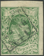 SACHSEN 2Ia O, 1851, 3 Pf. Saftiggrün, Erste Auflage, Obere Rechte Bogenecke, Mit Dresdener Stadtpost Stempel N.4.U., Ka - Saxe