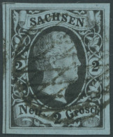 SACHSEN 5 O, 1851, 2 Ngr. Schwarz Auf Mattpreußischblau, Links Mit Trennlinie Und Eckwinkel, Kabinett, Gepr. Grobe - Saxony