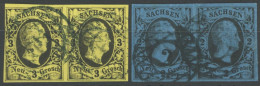 SACHSEN 6,7 Paar O, 1851/2, 3 Ngr. Schwarz Auf Mittelolivgelb Und 2 Ngr. Schwarz Auf Mittelblau, Je Im Waagerechten Paar - Sachsen