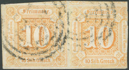 THURN Und TAXIS 19 Paar O, 1859, 10 Gr. Orange Im Waagerechten Paar, Nummernstempel 300, Linke Marke Allseits Riesenrand - Gebraucht