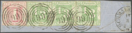 THURN Und TAXIS 36,38 BrfStk, 1865, 1/3 Sgr. Dunkelgelblichgrün, 3-mal Als Streifen Geklebt Mit 1 Sgr. Karminrot Auf Bri - Sonstige & Ohne Zuordnung