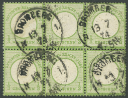 Dt. Reich 17a O, 1872, 1/3 Gr. Gelblichgrün Im Sechserblock, K1 BROMBERG, Fotoattest Brugger: Die Marken Sind Farbfrisch - Other & Unclassified