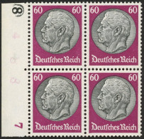 Dt. Reich 493 VB , 1933, 60 Pf. Hindenburg, Wz. 2, Im Linken Randviererblock Mit Bogennummer, Postfrisch, Pracht, Mi. (1 - Andere & Zonder Classificatie