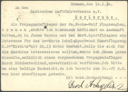 ZEPPELINPOST - MILITÄRLUFTSCHIFFAHRT Gerd Achgelis, Propagandaflieger Der Firma Focke-Wulf Flugzeugbau, Unterschriebene  - Luft- Und Zeppelinpost