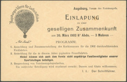 ALTE ANSICHTSKARTEN 1902, Augsburger Verein Für Luftschifffahrt, Einladung Zur Geselligen Zusammenkunft, 2 Pf. Bayern Ga - Autres & Non Classés