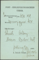 DP CHINA 1901, Boxeraufstand: Lokal Für Deutsche Feldpost Gedruckter Post-Einlieferungsschein über. 2 Postanweisungen Vo - Chine (bureaux)