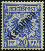 KAROLINEN 4I , 1899, 20 Pf. Diagonaler Aufdruck, Falzreste, Pracht, Gepr. Steuer, Mi. 75.- - Carolines