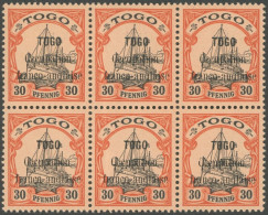 TOGO 5 , Französische Besetzung: 1914, 30 Pf. Rötlichorange/rotschwarz Auf Mattgelblichorange Im Sechserblock, Postfrisc - Togo