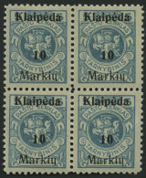 MEMELGEBIET 129I VB , 1923, 10 M. Auf 5 C. Grünlichblau, Aufdruck Ohne (Memel) Und Doppelbalken, Im Viererblock, Postfri - Memel (Klaïpeda) 1923