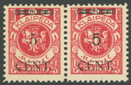 MEMELGEBIET 180W4 , 1923, 5 C. Auf 100 M. Dunkelrosa, Typen III/IV Im Waagerechten Typenpaar, Postfrisch, Pracht, R!, Mi - Memel (Klaipeda) 1923