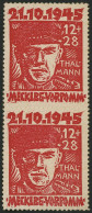 MECKLENBURG-VORPOMMERN 22a Paar , 1945, 12 Pf. Rot Faschismus Im Senkrechten Paar, Zähnung In Der Mitte Nur Leicht Anged - Other & Unclassified